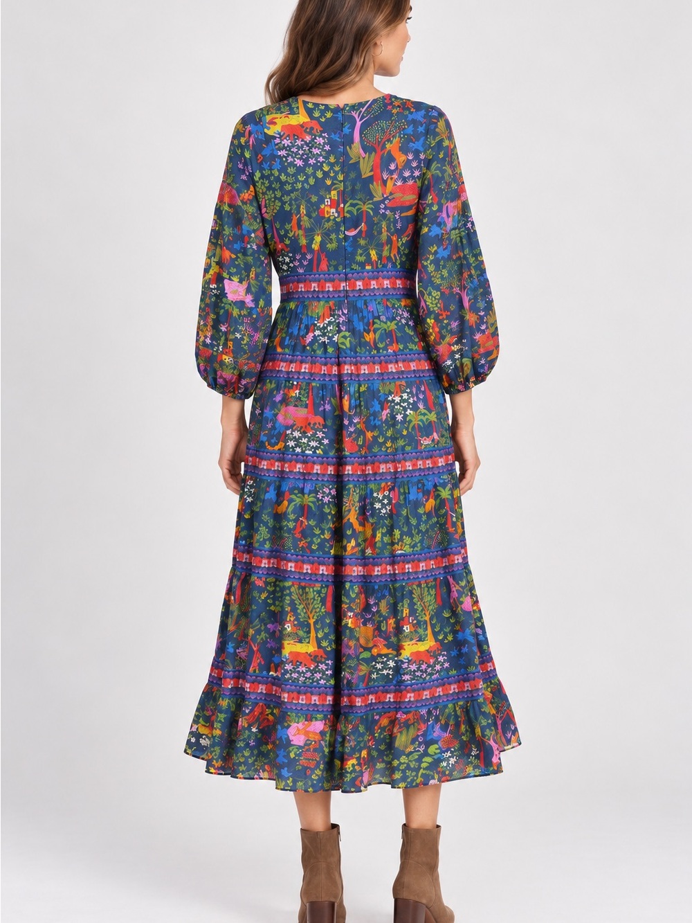 FARM Rio V-Neck Tiered Midi Dress in Multicolor Print Sz M - Picture 2 of 9